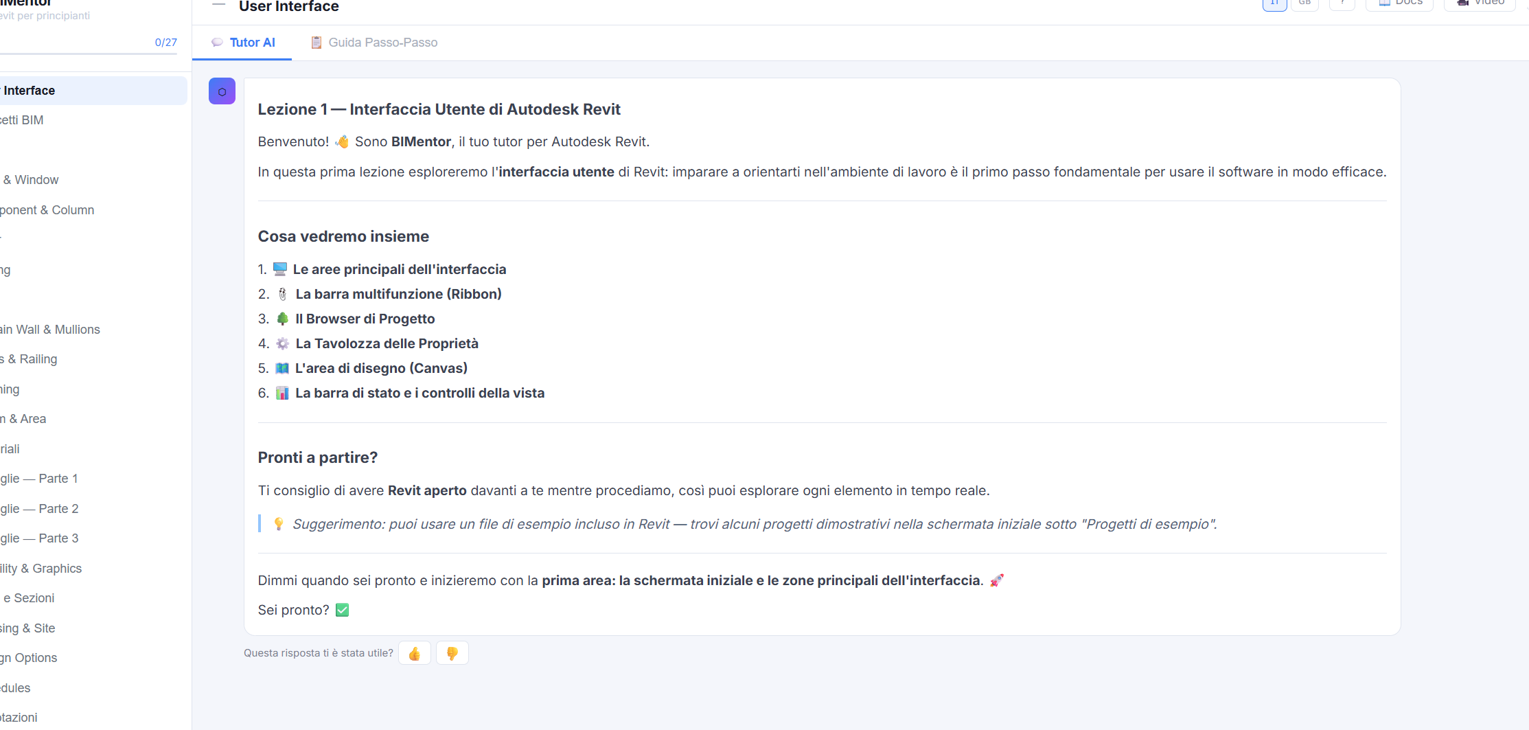 Lezione BIMentor Fundamentals con spiegazione guidata e feedback sulla risposta